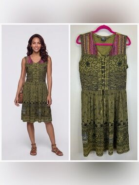 Forest Fairy Embroidered Green Dress One Size Patchwork Hippie Boho Lace Up